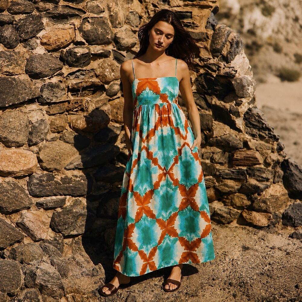Rails Lucille Cotton Maxi Dress XS Boho Coastal Tie Dye Sleeveless Beach Resort